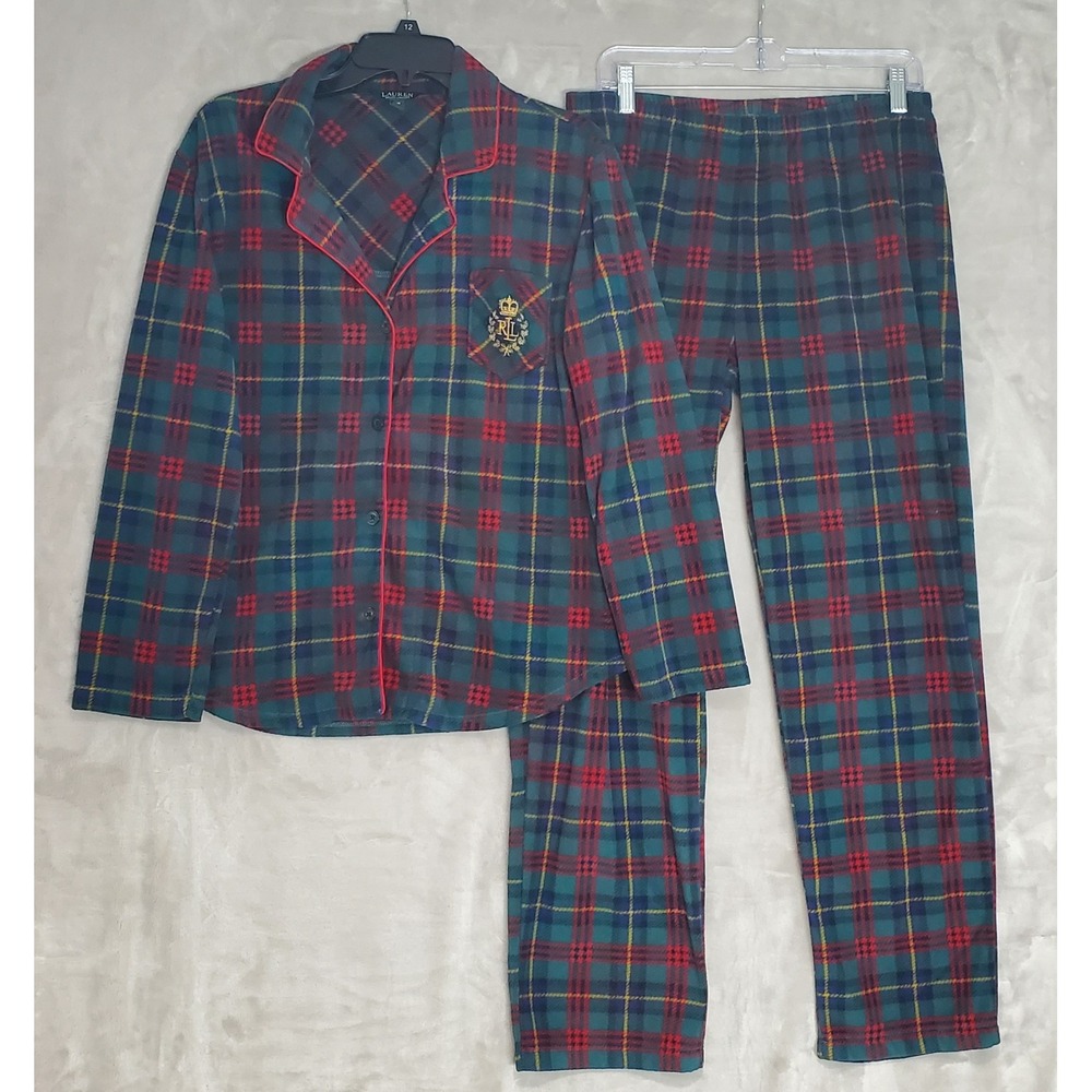 Lauren Ralph Lauren Womans M Green Plaid Fleece Pajama Set Crest Logo Christmas - Picture 1 of 11